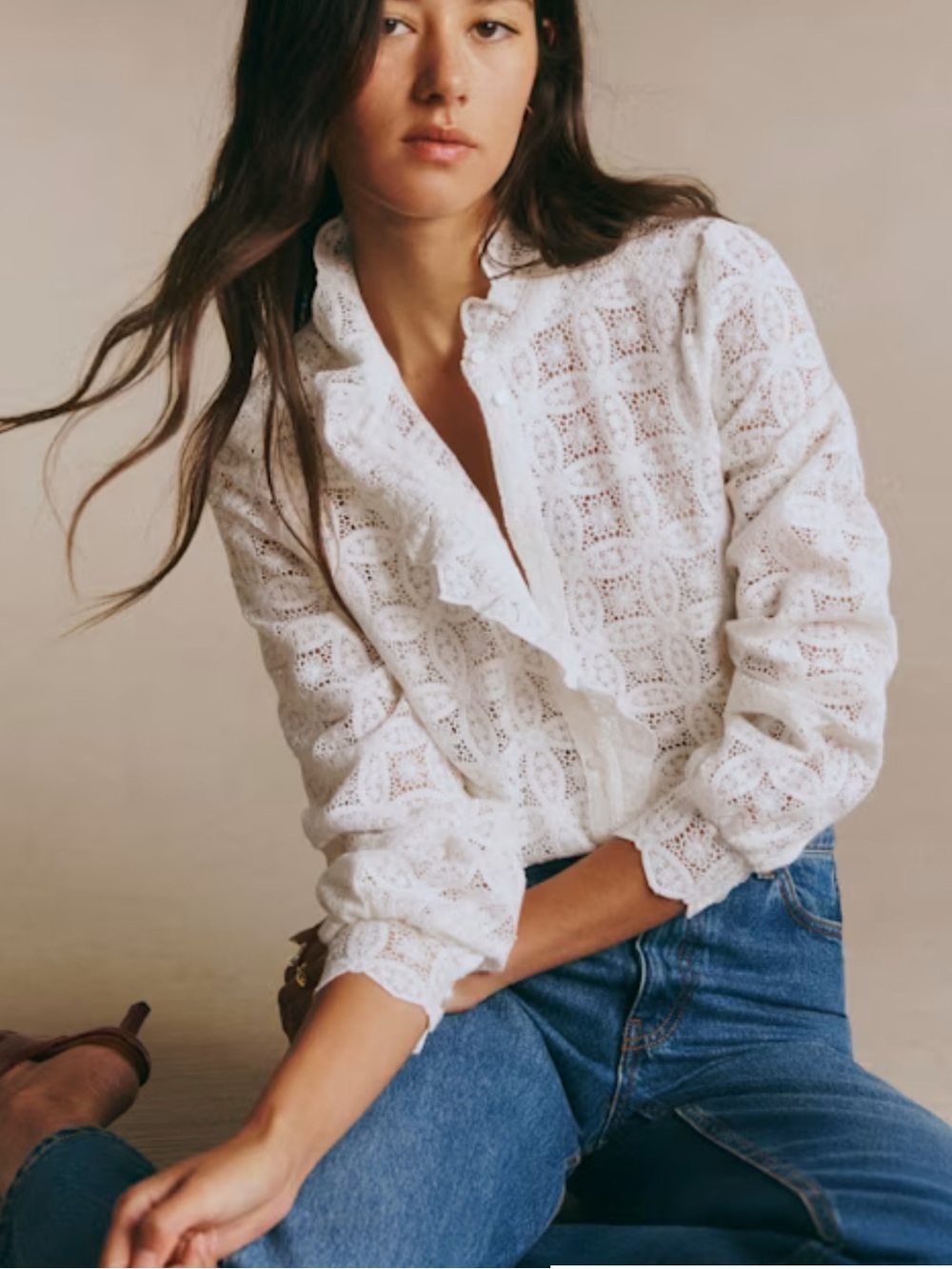 Sezane Chlo ECRU GUIPURE White Long Sleeve Shirt with High Collar Size 38